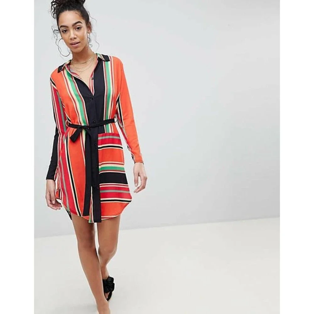 Pretty Little Thing Shirt Dress Size 6 Long Sleeve Striped No Belt B11